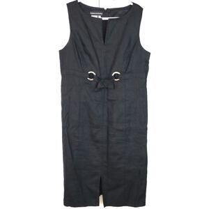 Vintage 90s Black LINEN Dress Belted Sleeveless Plus 16 Shift Summer Minimalist